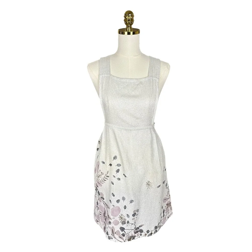 Anthropologie Silver‎ Metallic Botanical Floral Cross Back Kitchen Apron Purple